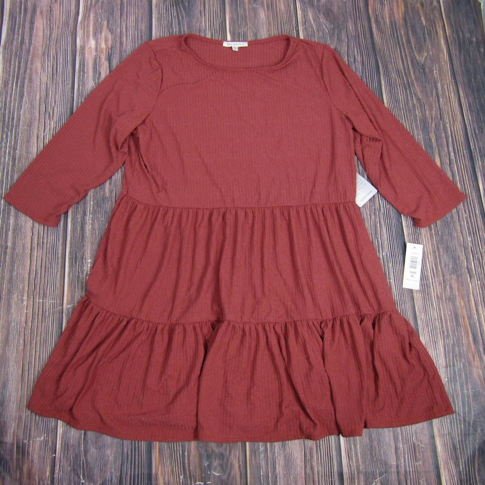 Tash + Sophie Dress Womens XL Berry Ribbed Tiered 3/4‎ Sleeve Made USA T5144B